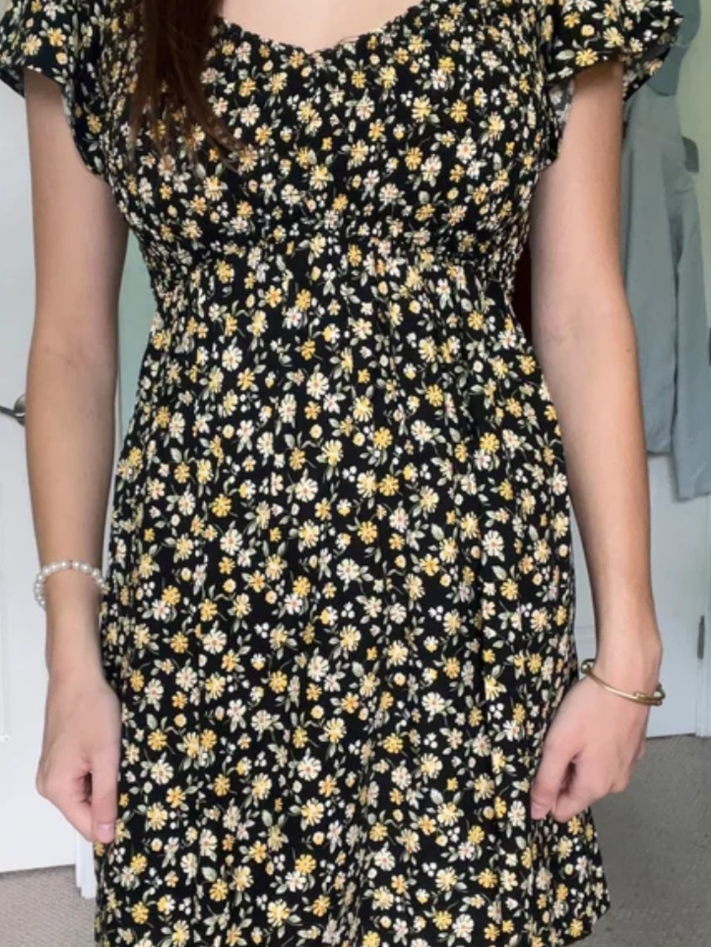 Black Floral Smocked Midi Dress with Tan Daisy Print